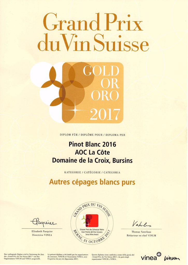 Grand prix du Vin Suisse Pinot Blanc médaille d'or