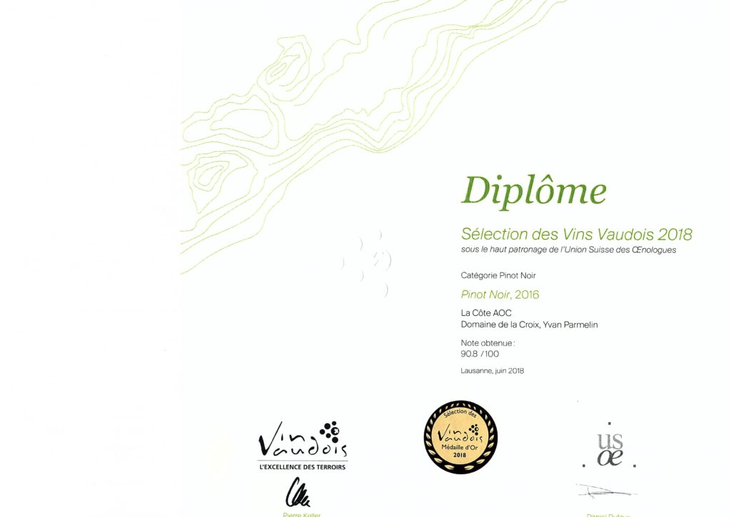 Sélection des Vins Vaudois, Pinot Noir, médaille d'or